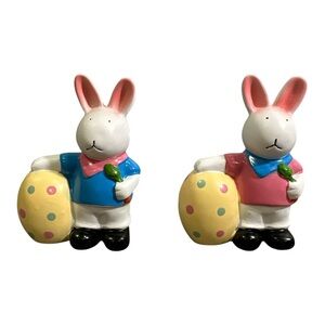 Set of 2 Bunny Easter Decor Figurines Leaning on Egg